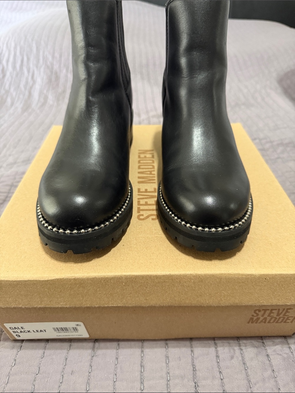 Steve Madden Black Leather Lug-Sole Ankle Boots with Stud Trim